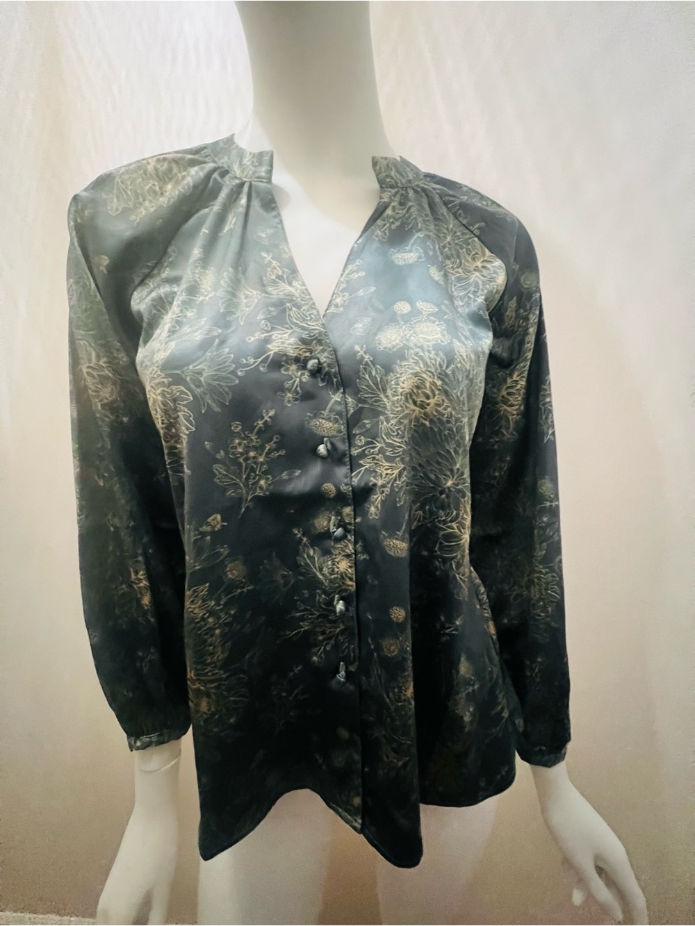 Satin Floral Button-Up Blouse - Black with Gold Print